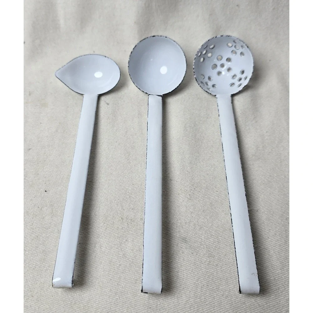 Antique Child's 4 Piece Ladle & Strainer Set In White Enamel‎ W/ Blue Decor. EUC